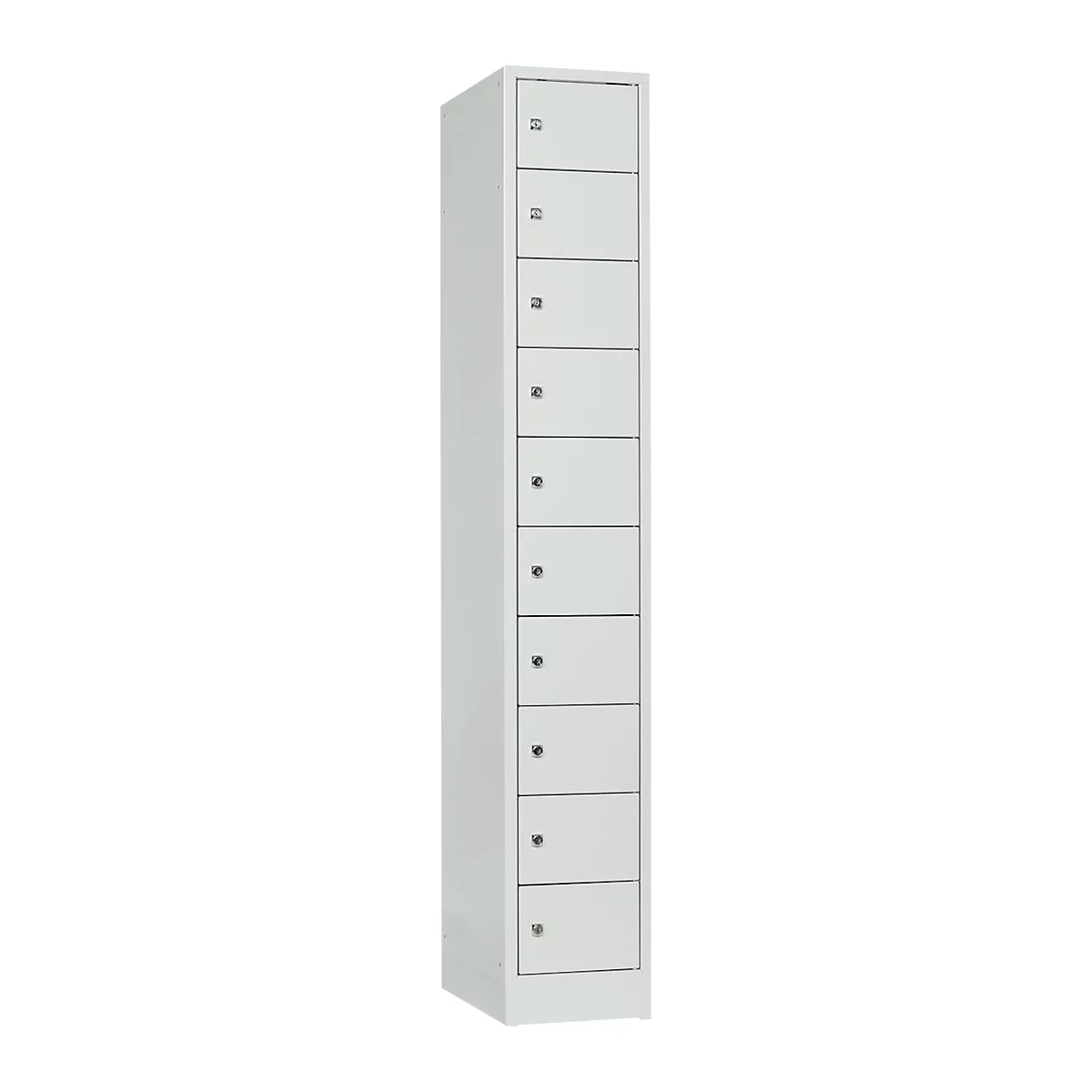 Grey cabinet with 10 compartments with round knobs and engraved numbers.