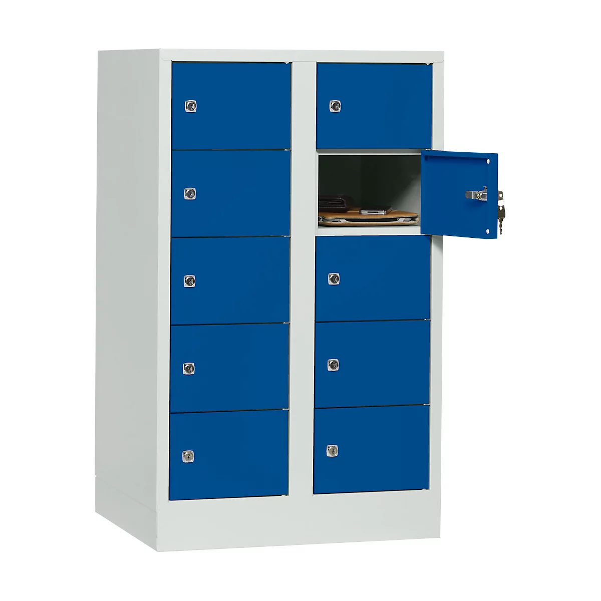 Blue and white cabinet with 8 compartments, one compartment is open. Key in the lock. There are items in the compartment.