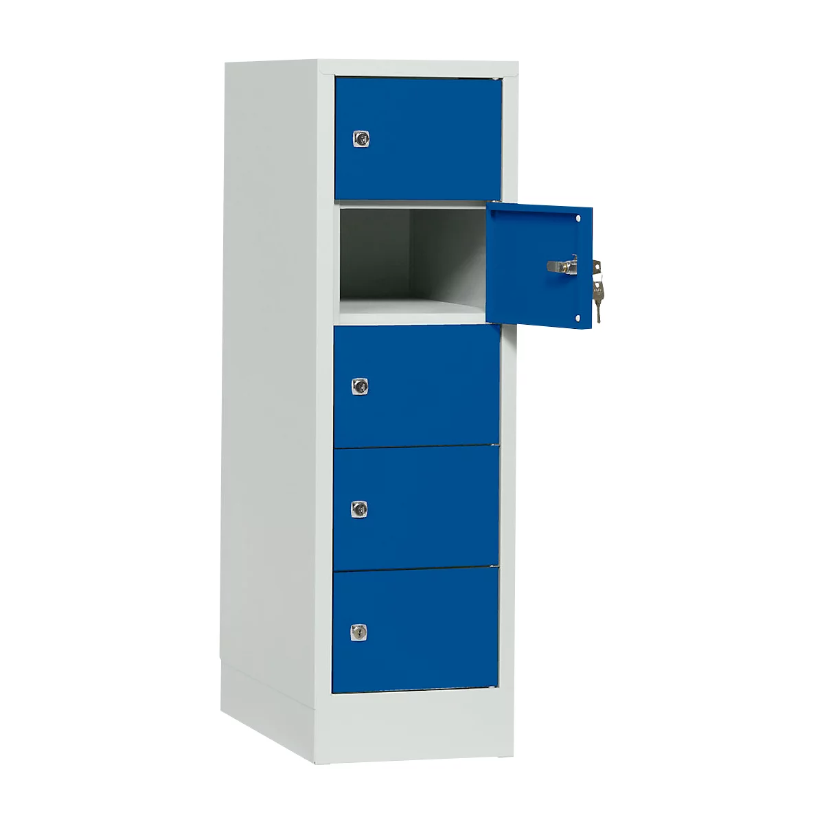 Cabinet with blue doors. One door is open, showing a view inside.