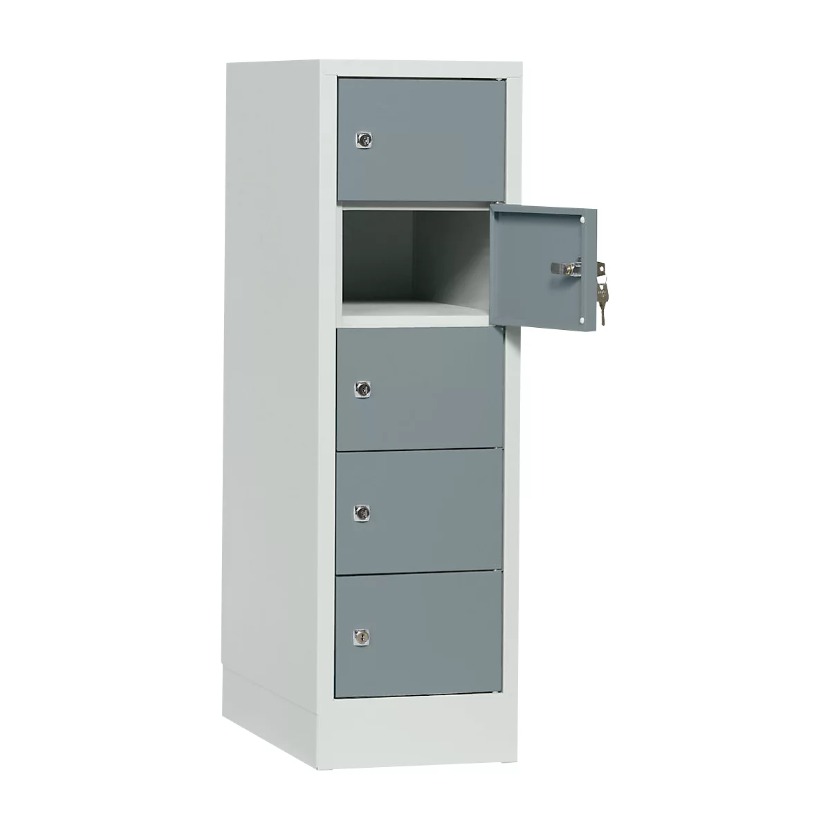 Grey steel cabinet with three drawers and an open compartment. One door is open.
