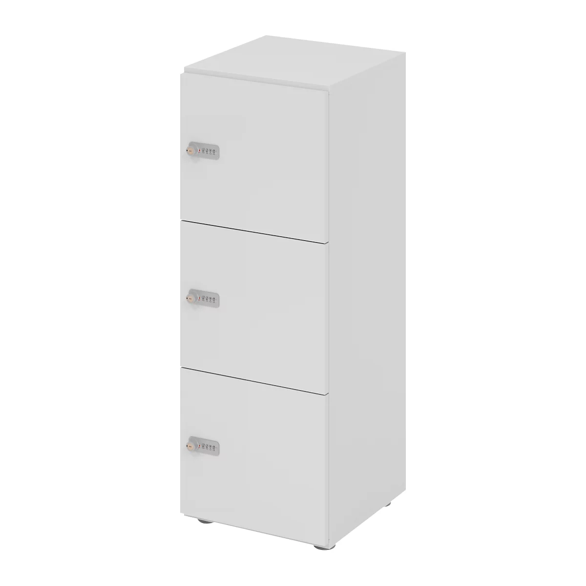 White cabinet with three compartments, each with a combination lock.
