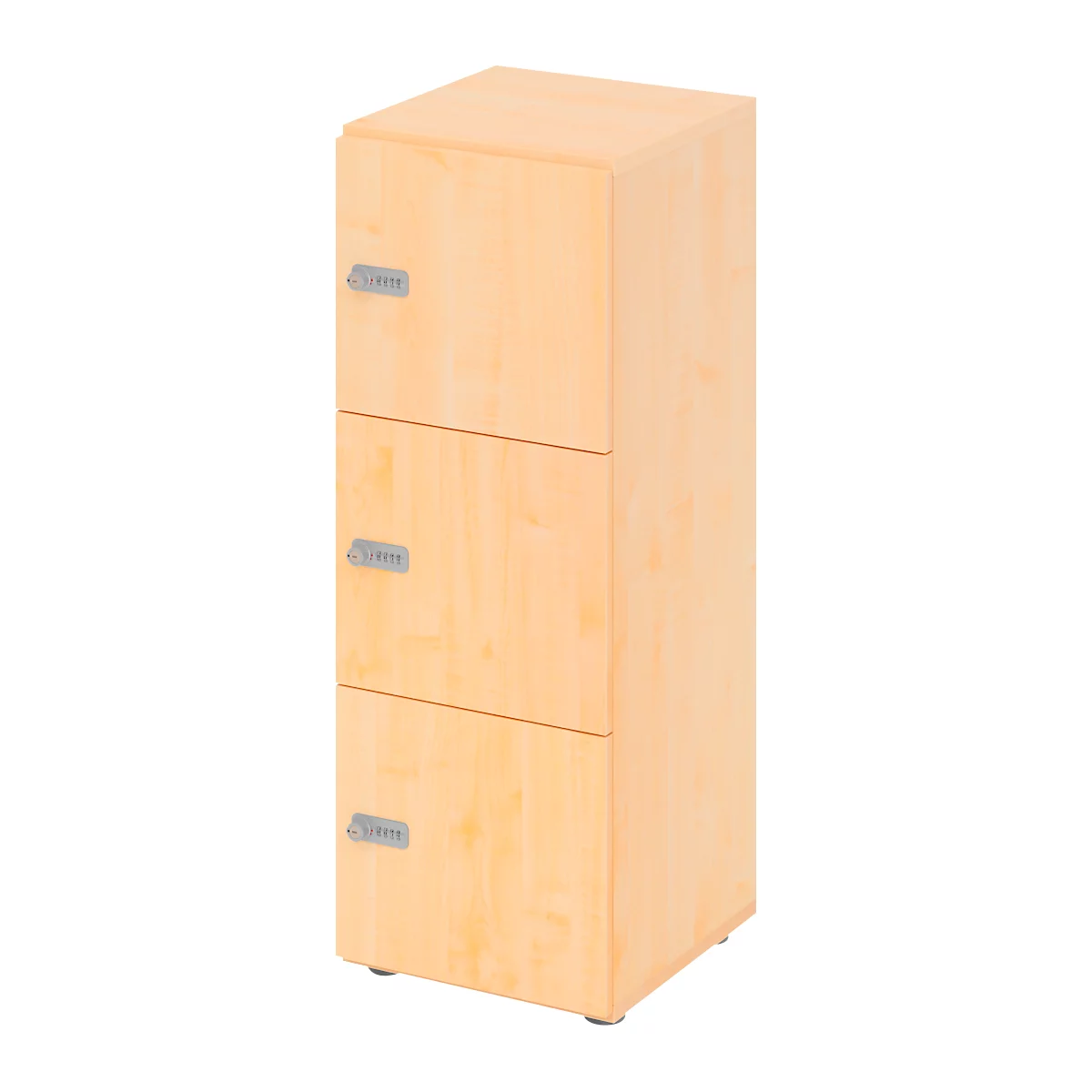 Light brown wooden filing cabinet with three drawers and silver handles.