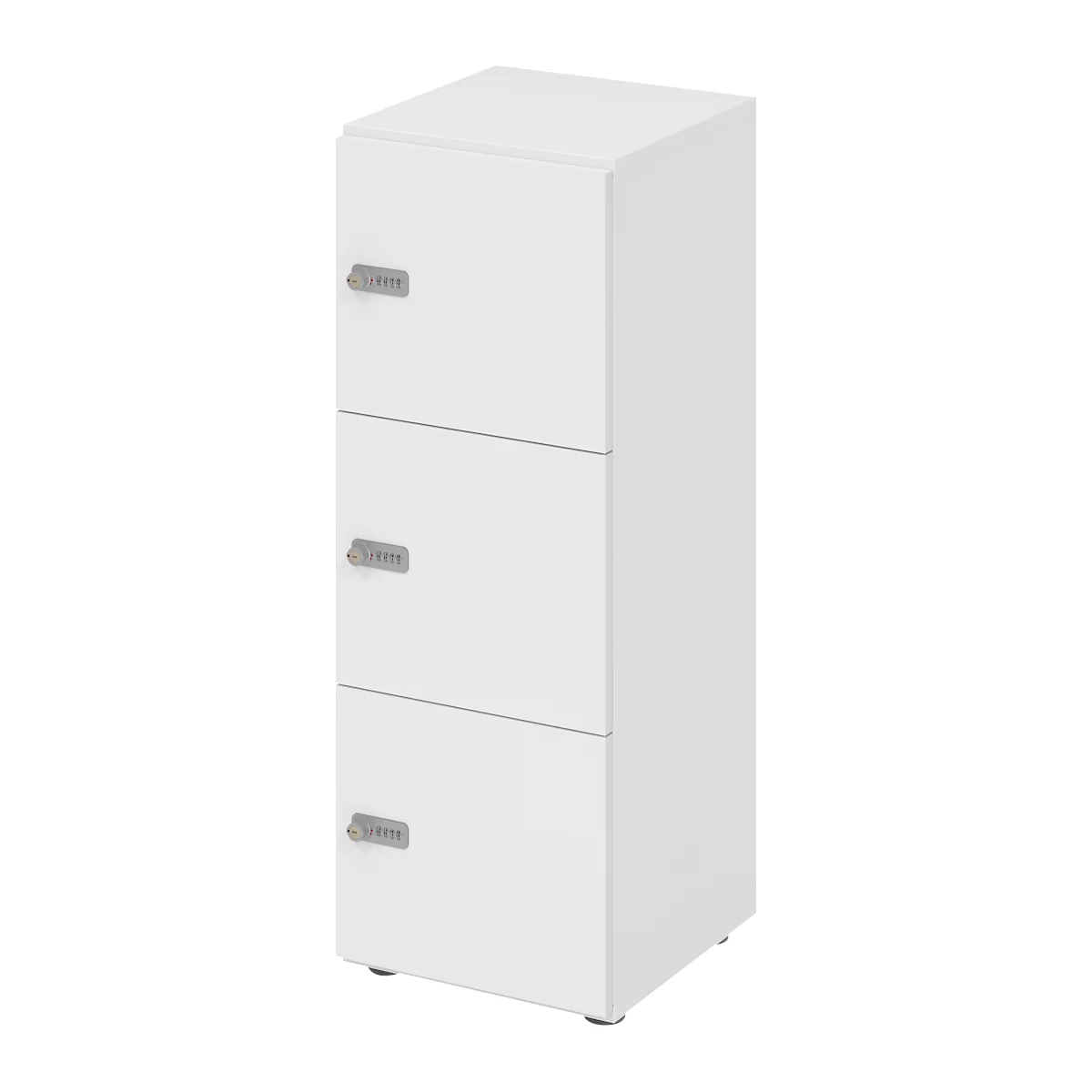 White cabinet with three drawers. Each has a silver handle with lettering.