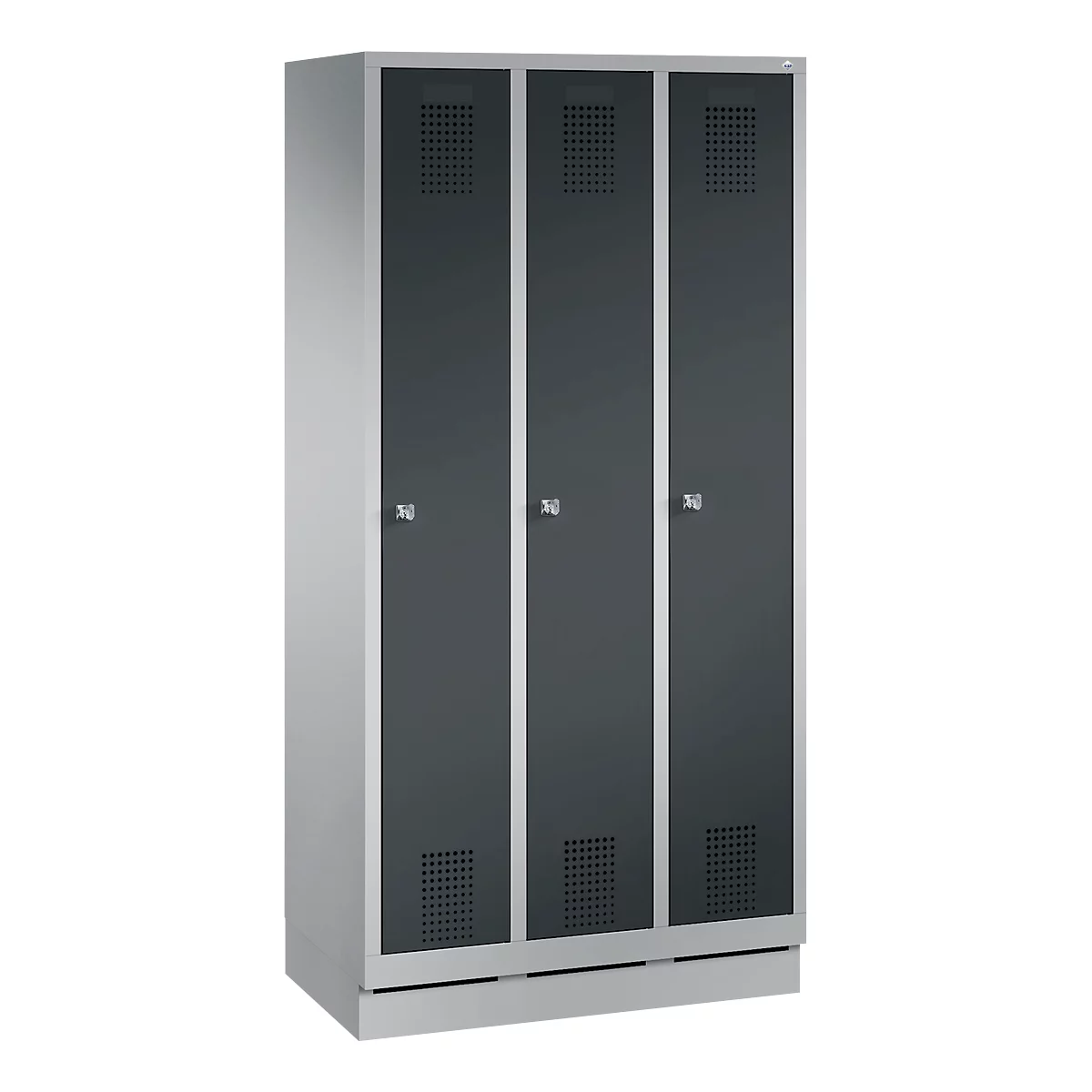 A gray, three-door locker, silver frames, ventilation slots and door handles.