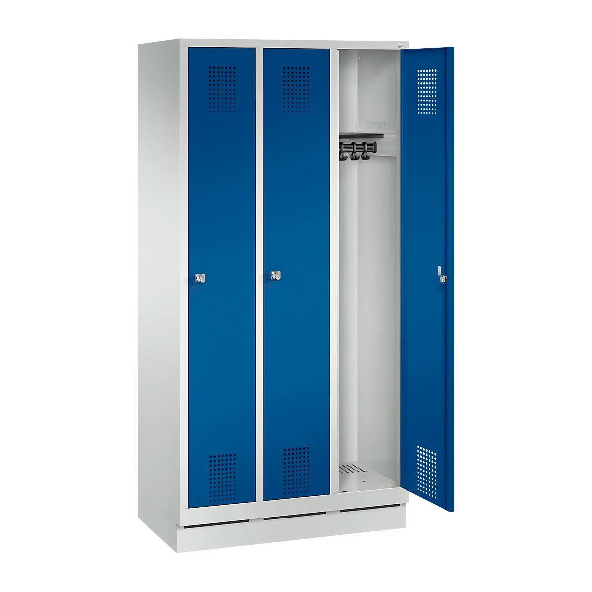 A white and blue locker with open doors, hooks and ventilation holes.