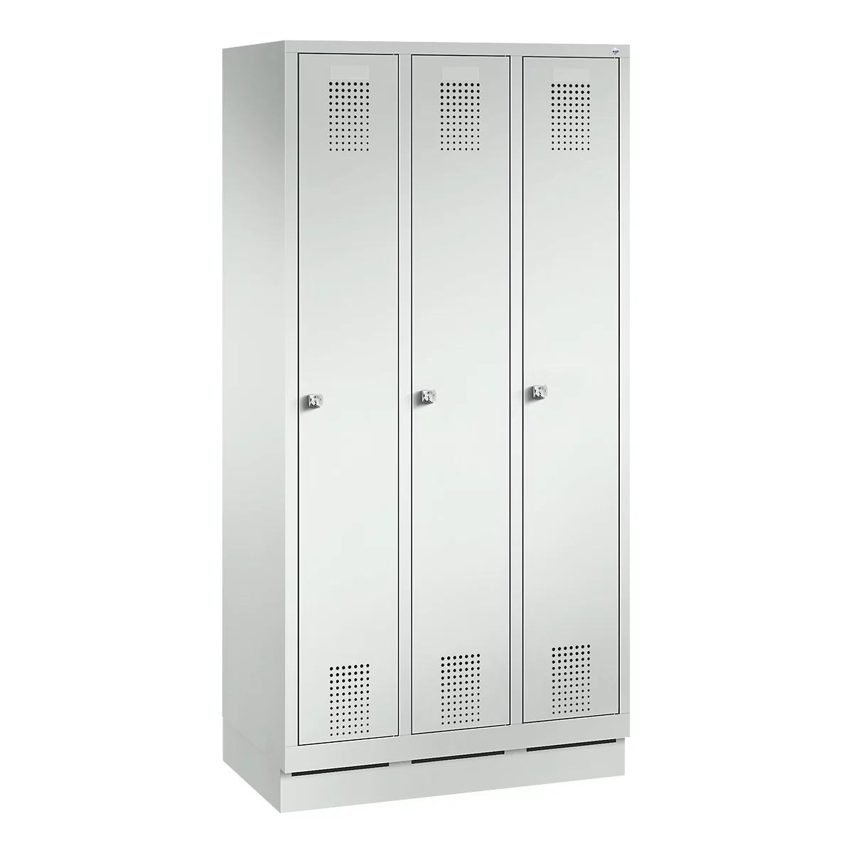 Three-section white steel locker with perforated vents and silver handles.