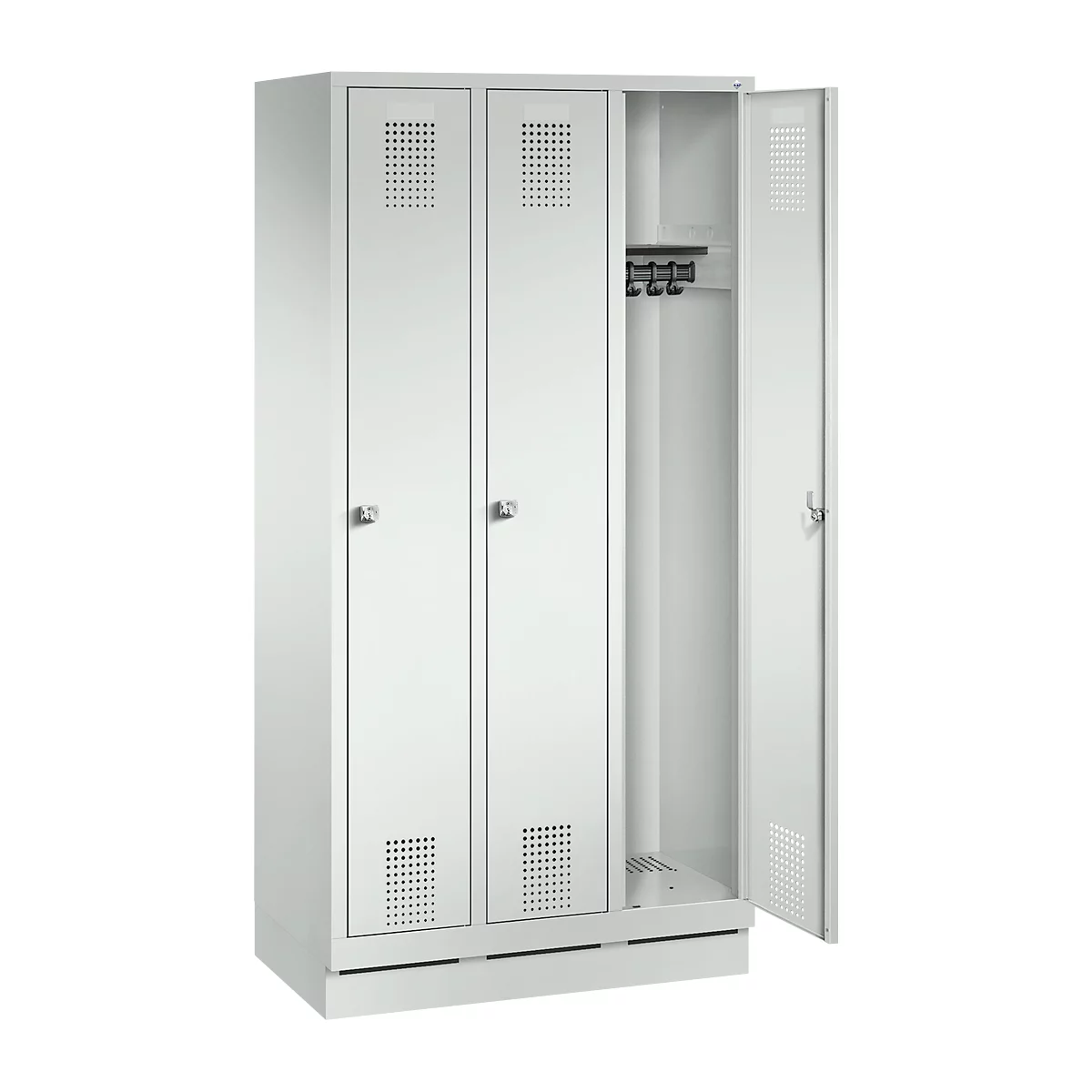 A white, three-door locker, one door is open. The locker has ventilation slots and coat hooks.