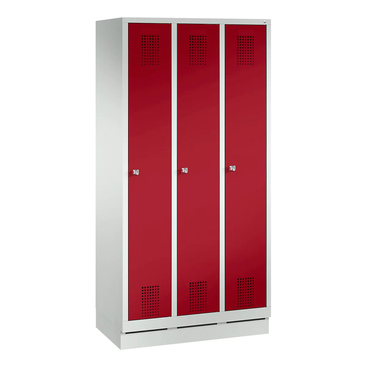 A three-door locker with red doors, silver handles and ventilation slots, surrounded by a white frame.