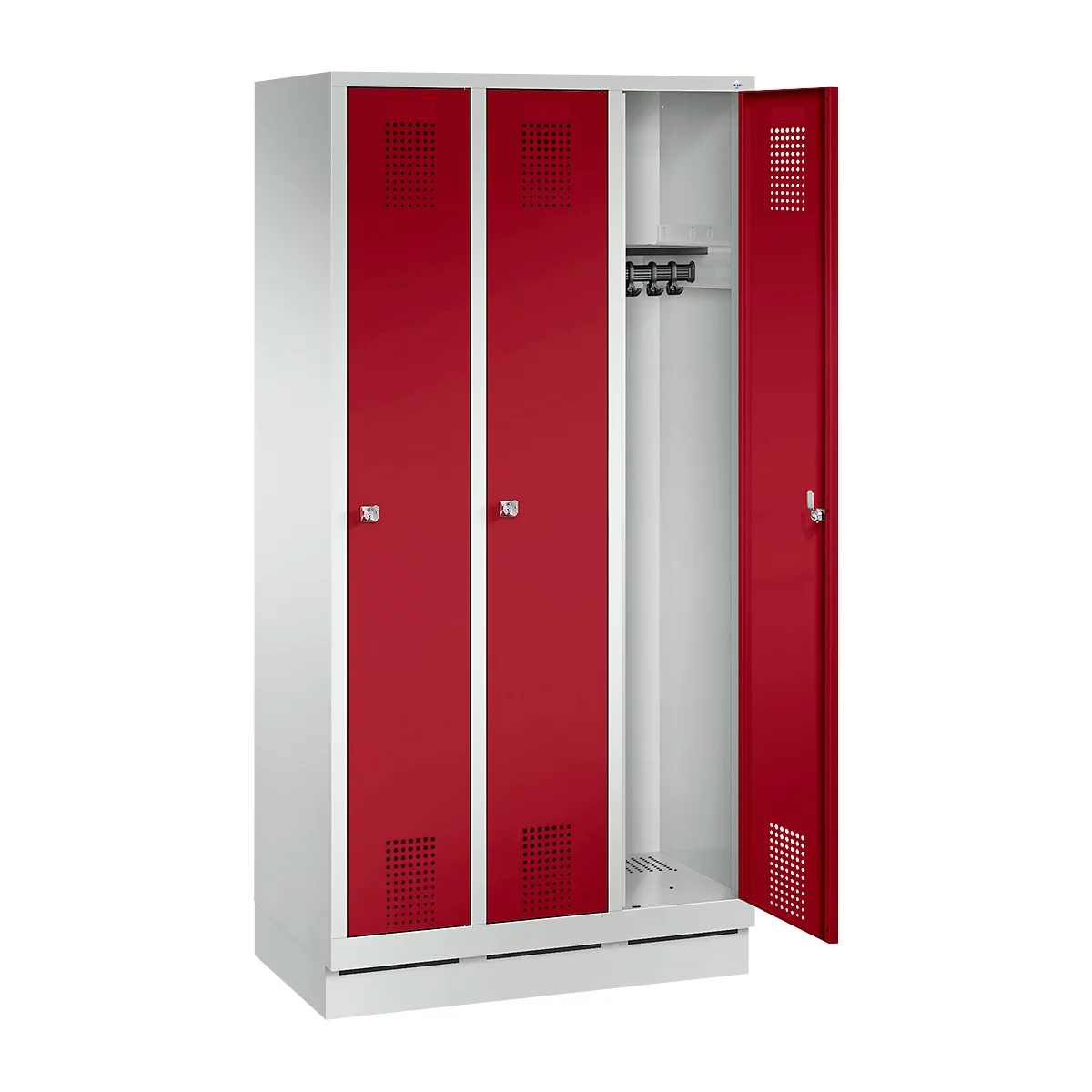 An open cabinet with red doors. A hook in the middle and ventilation holes in the doors.