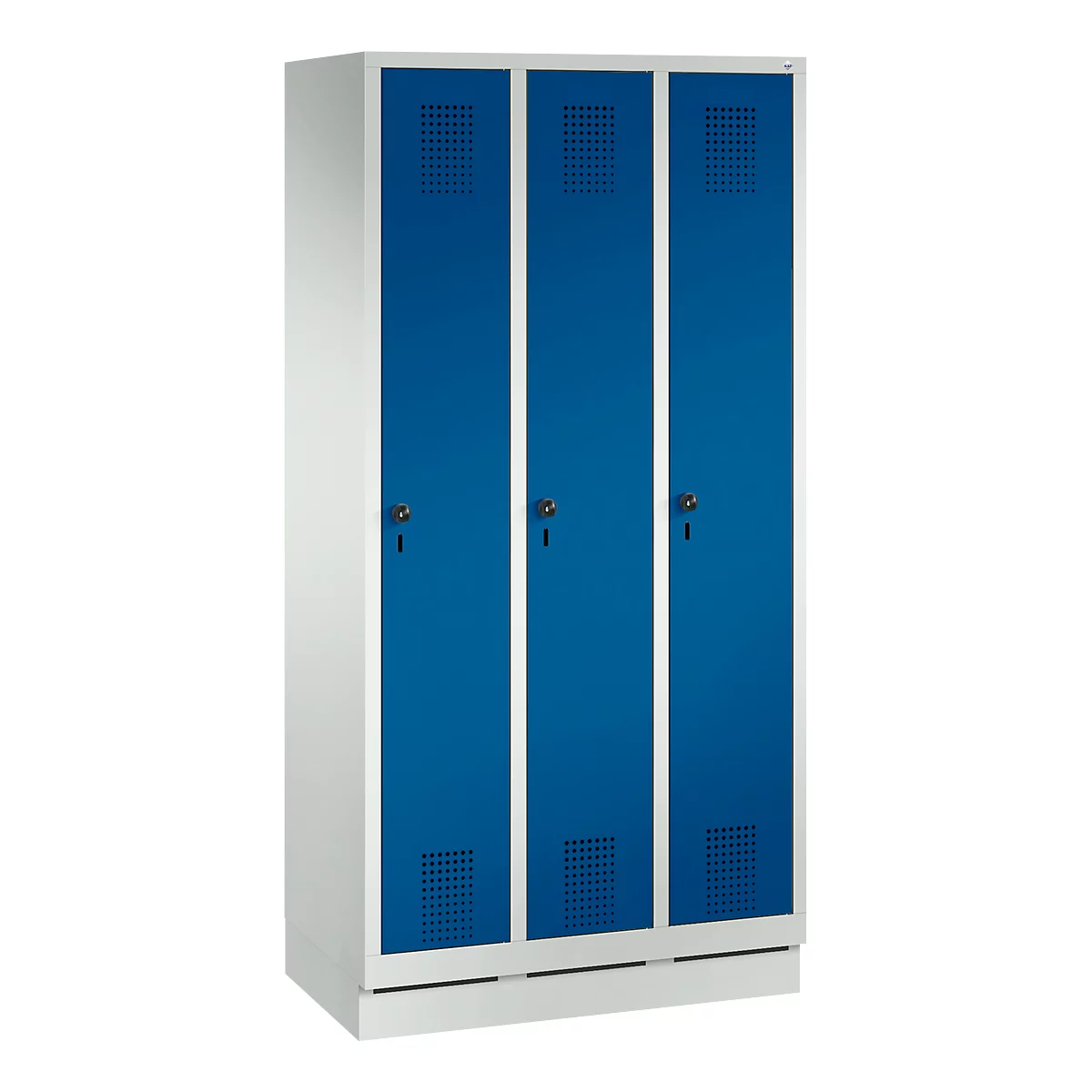 A white cabinet with three blue doors. Each door has a keyhole and ventilation slots at the top.