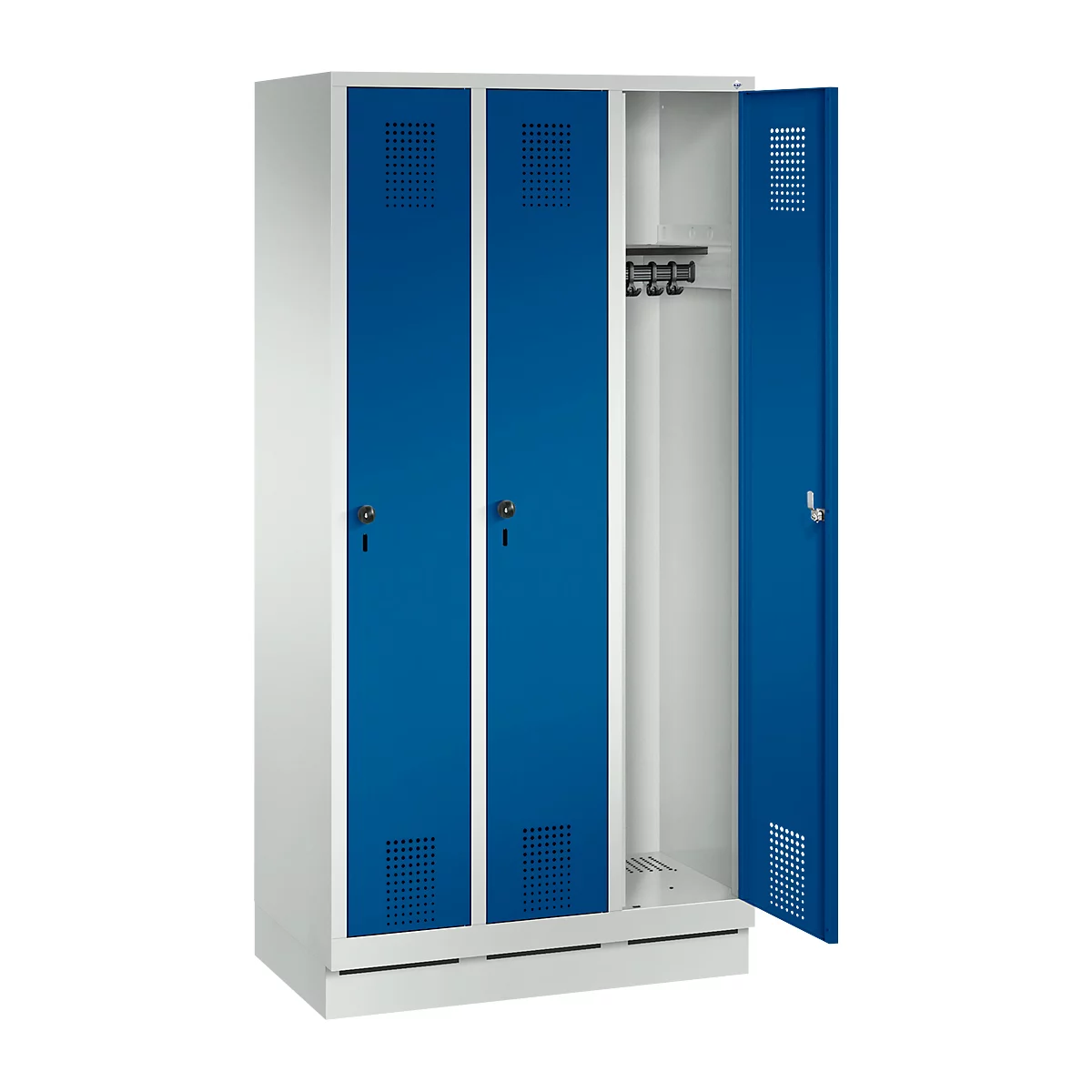 Steel locker with blue doors, one door is open. The cabinet has holes and a lock on each door.
