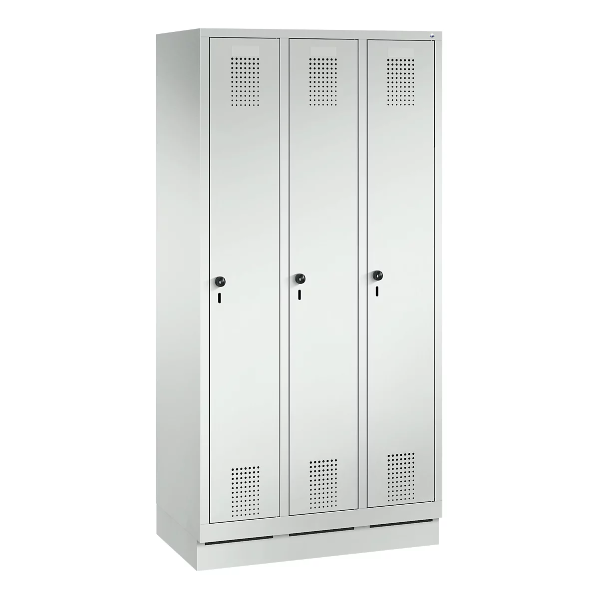 Three-part white locker with ventilation holes and key locks.
