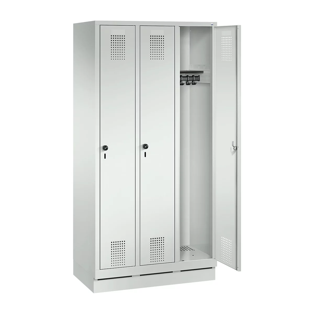 A white locker, two doors closed, one open, with coat hooks. Ventilation slots on the doors.