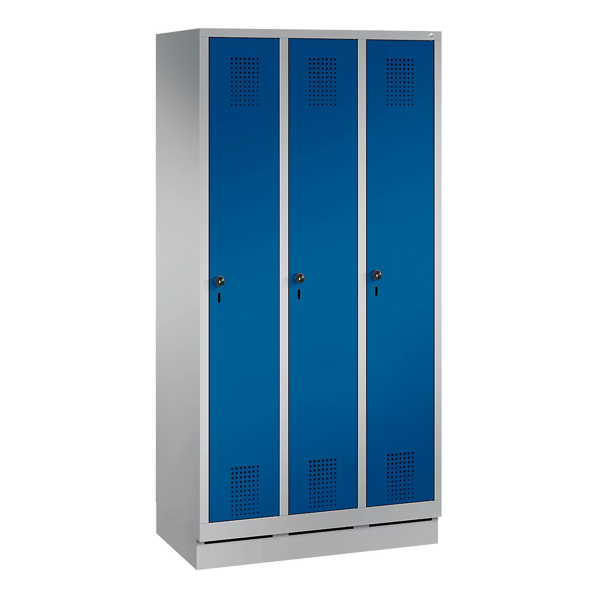 Blue and gray locker with three doors, locks and ventilation openings.