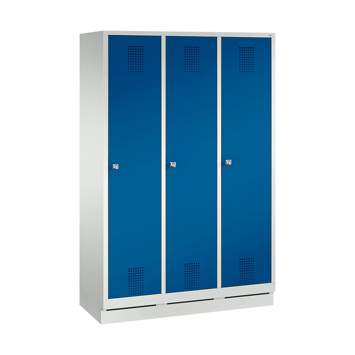 Three-section cabinet with blue doors. White frames and metal handles.