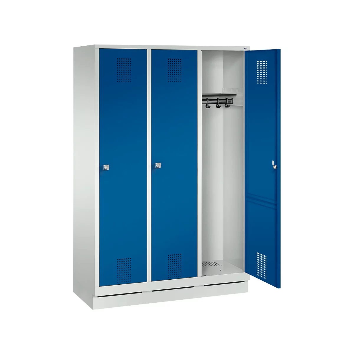 A locker with blue doors, one door is open. Inside the cabinet is a bar with hooks.