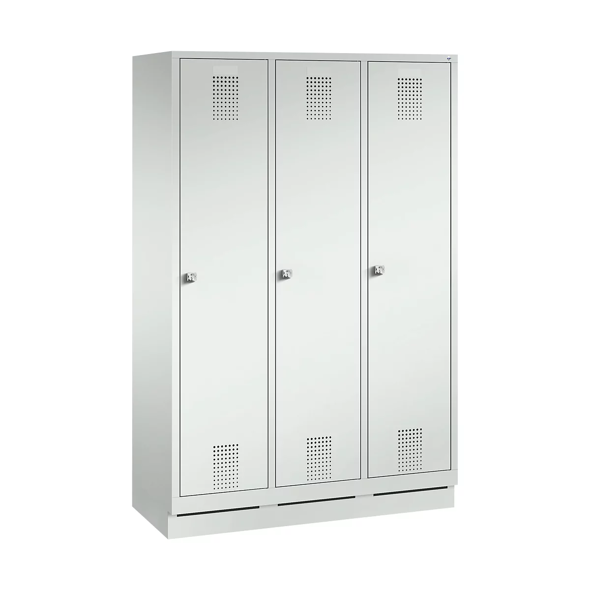 Three-part white locker, with small ventilation openings and handles.