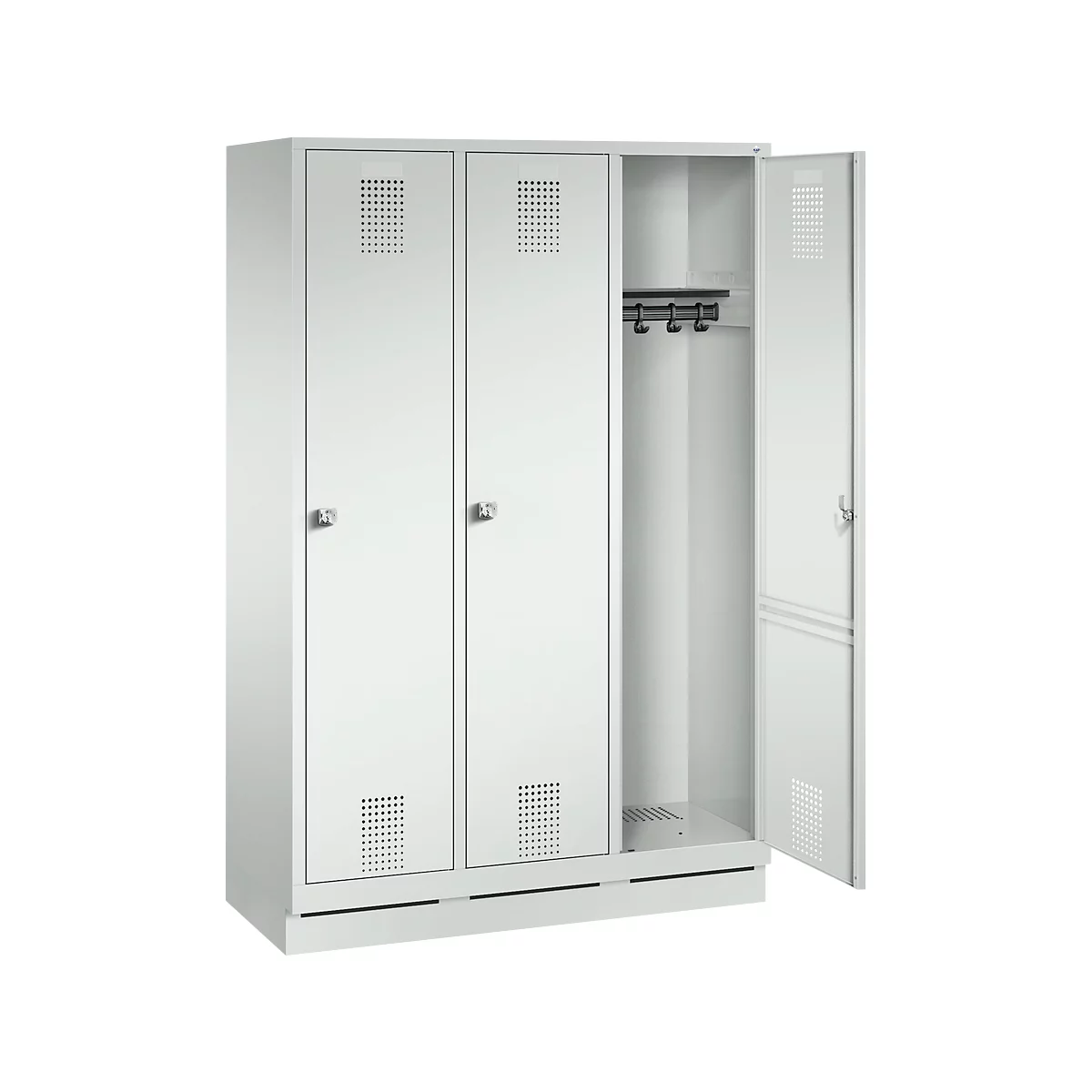 A white locker, one door open, hooks for clothes and ventilation slots. Three doors with handles and rectangular ventilation slots.