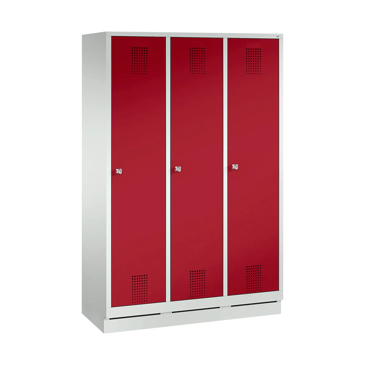 Three red locker doors with silver handles and ventilation slots. White frame, grey base.