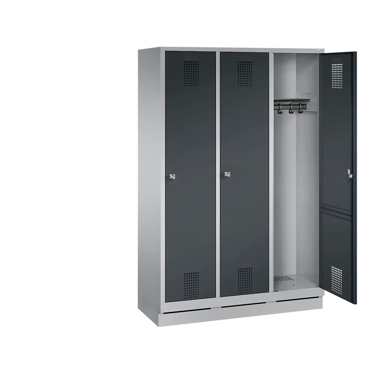 Grey locker with three compartments, one door open. Ventilation slots at top and bottom.