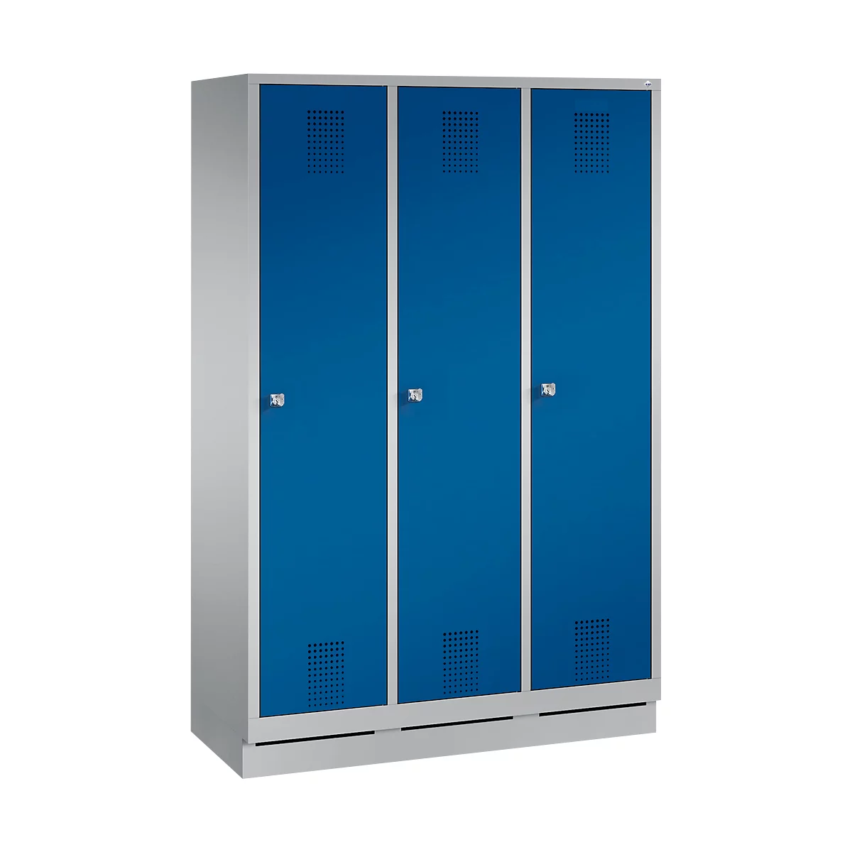 Three-part blue locker with rectangular ventilation holes and silver handles. The locker stands on a gray base.