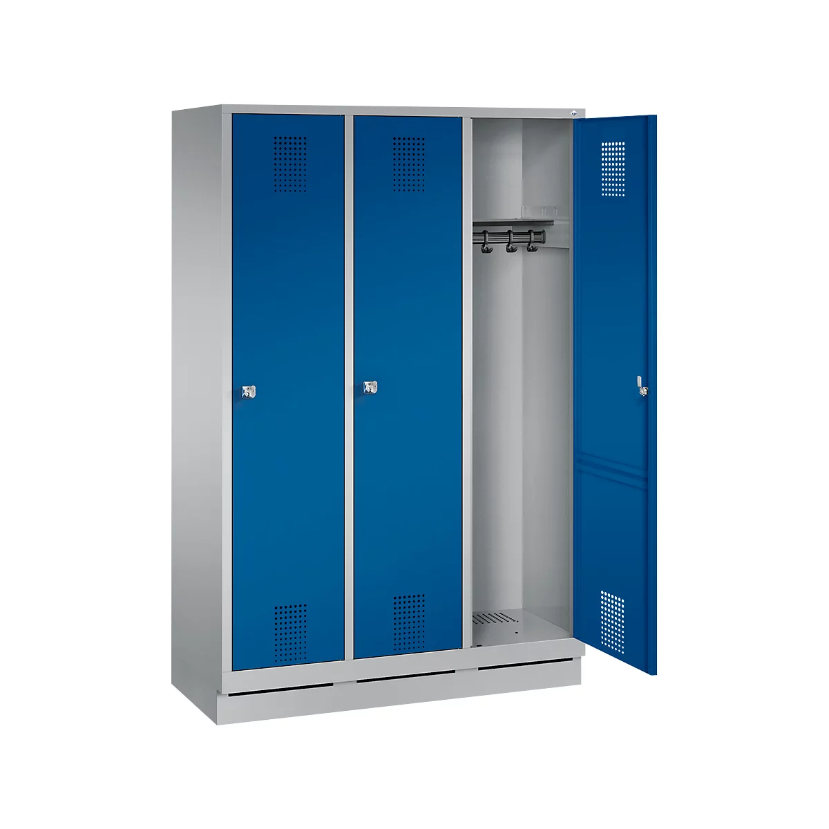 Three-section locker in gray and blue, one door open. Ventilation holes at the top and bottom, coat rack. Details: door handles.