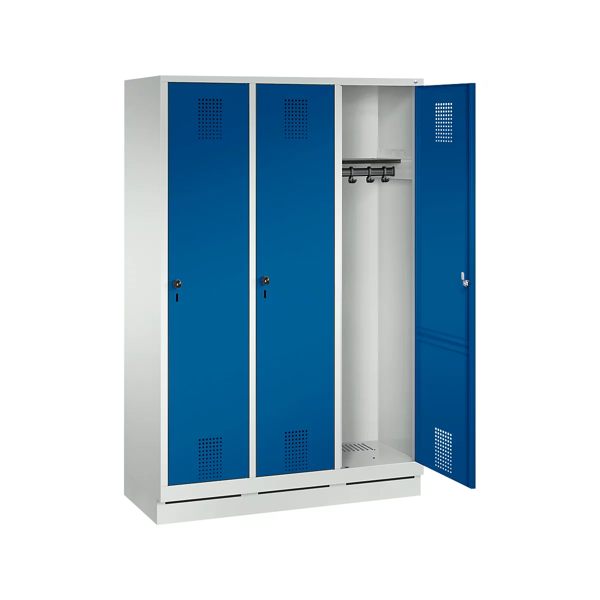 Cabinet with blue doors. One door is open, behind it hooks for clothes.