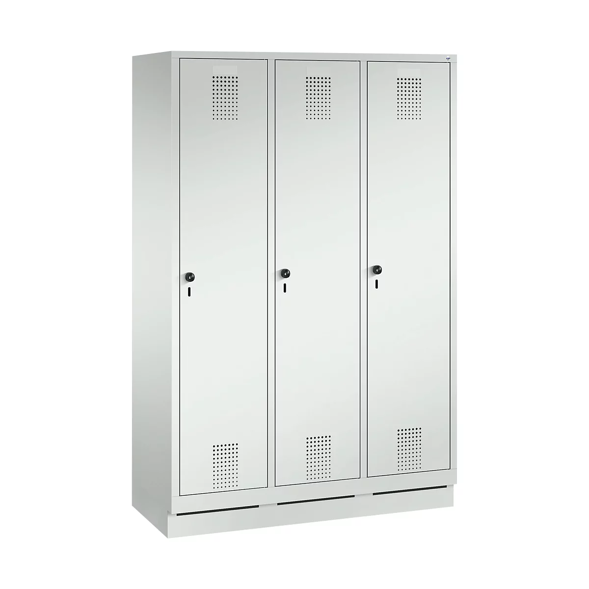 Three-part, white steel locker, with ventilation slots and key locks. The cabinet stands on a base.