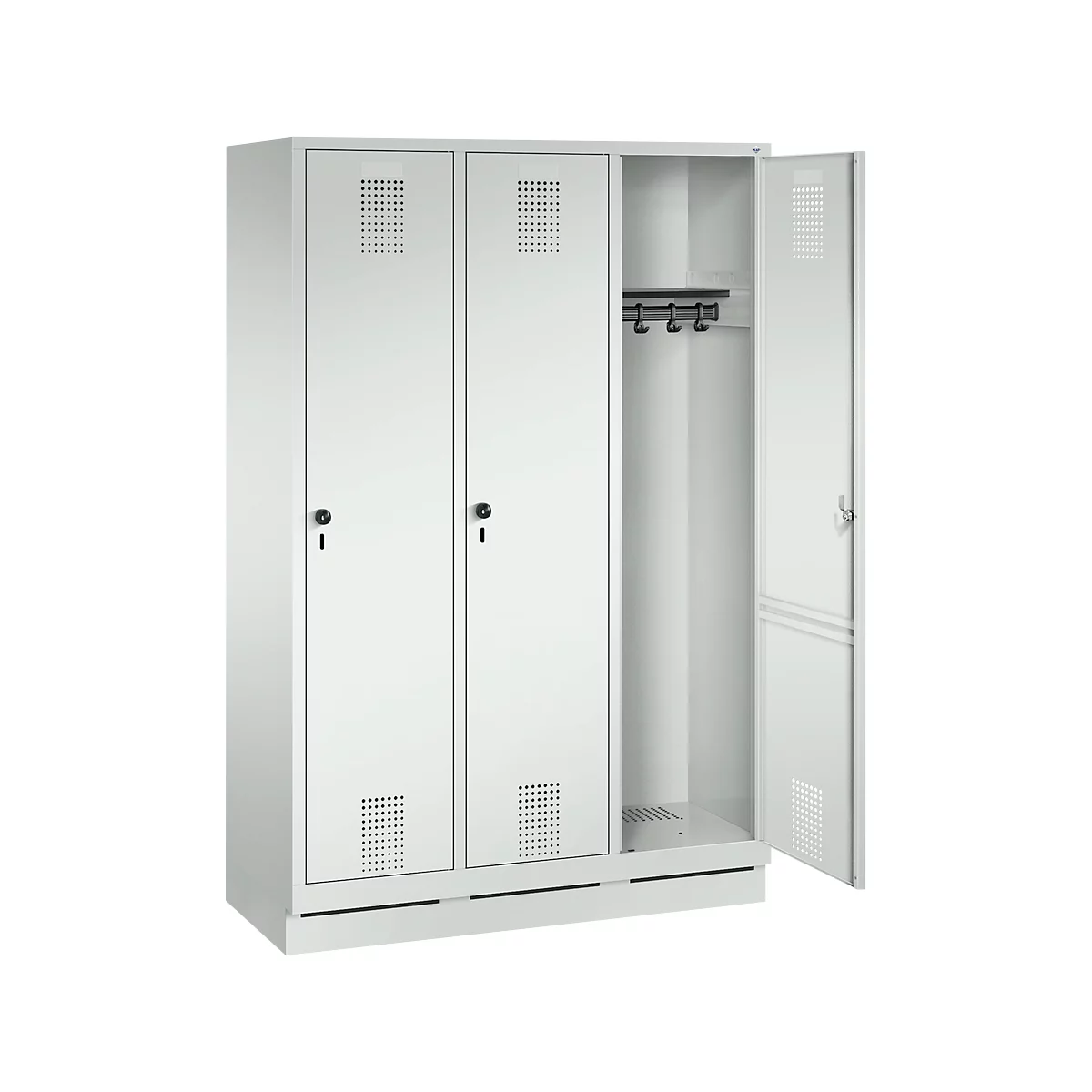 White locker with three doors, one open. Ventilation holes, hook strip inside.