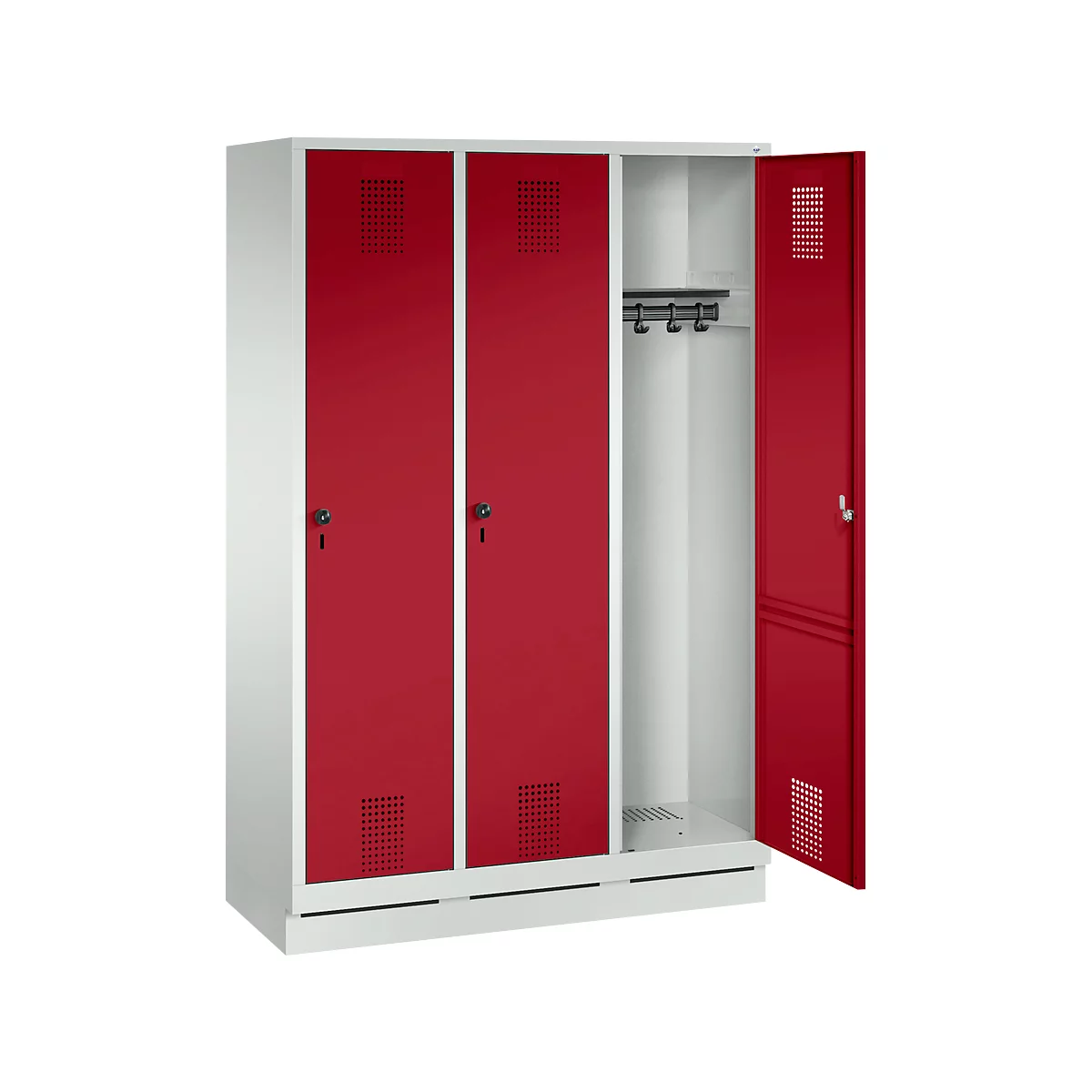 White and red locker, one door open. Red doors with holes, black locks. Hook bar inside.