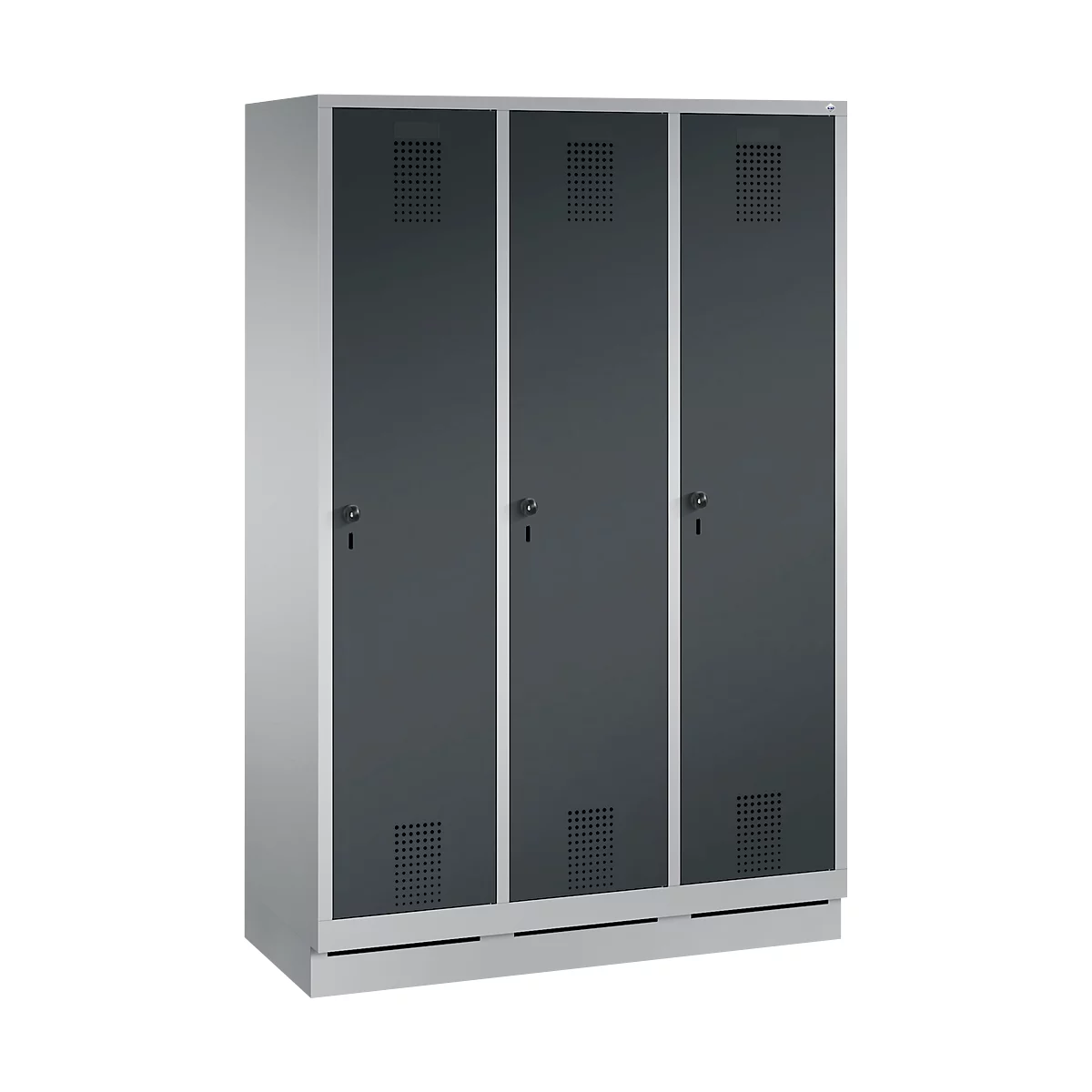 Grey locker with three doors, with ventilation slots at the top and bottom. Each door has a lock.