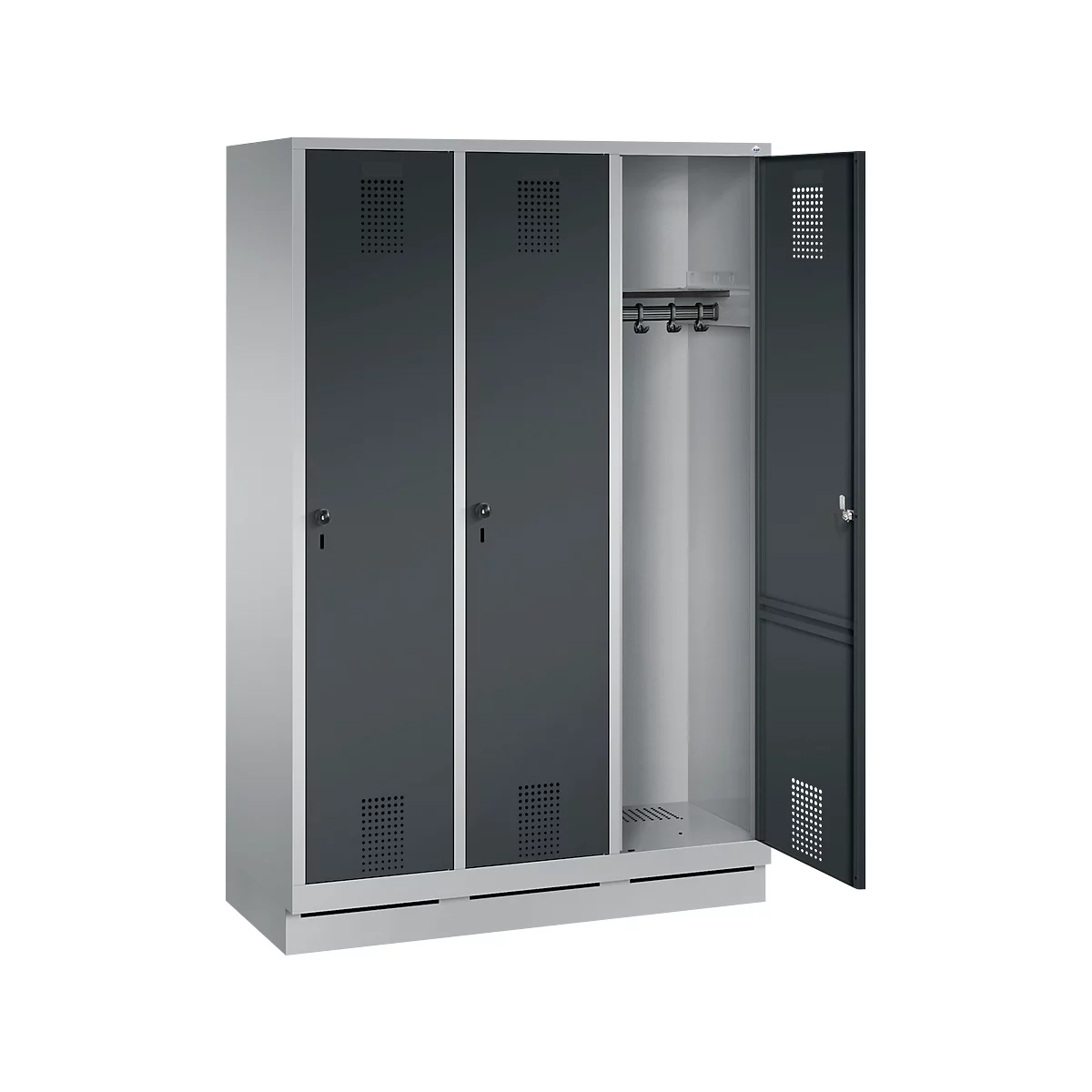 Grey locker, one door open, hooks for clothes. Ventilation slots, locks.