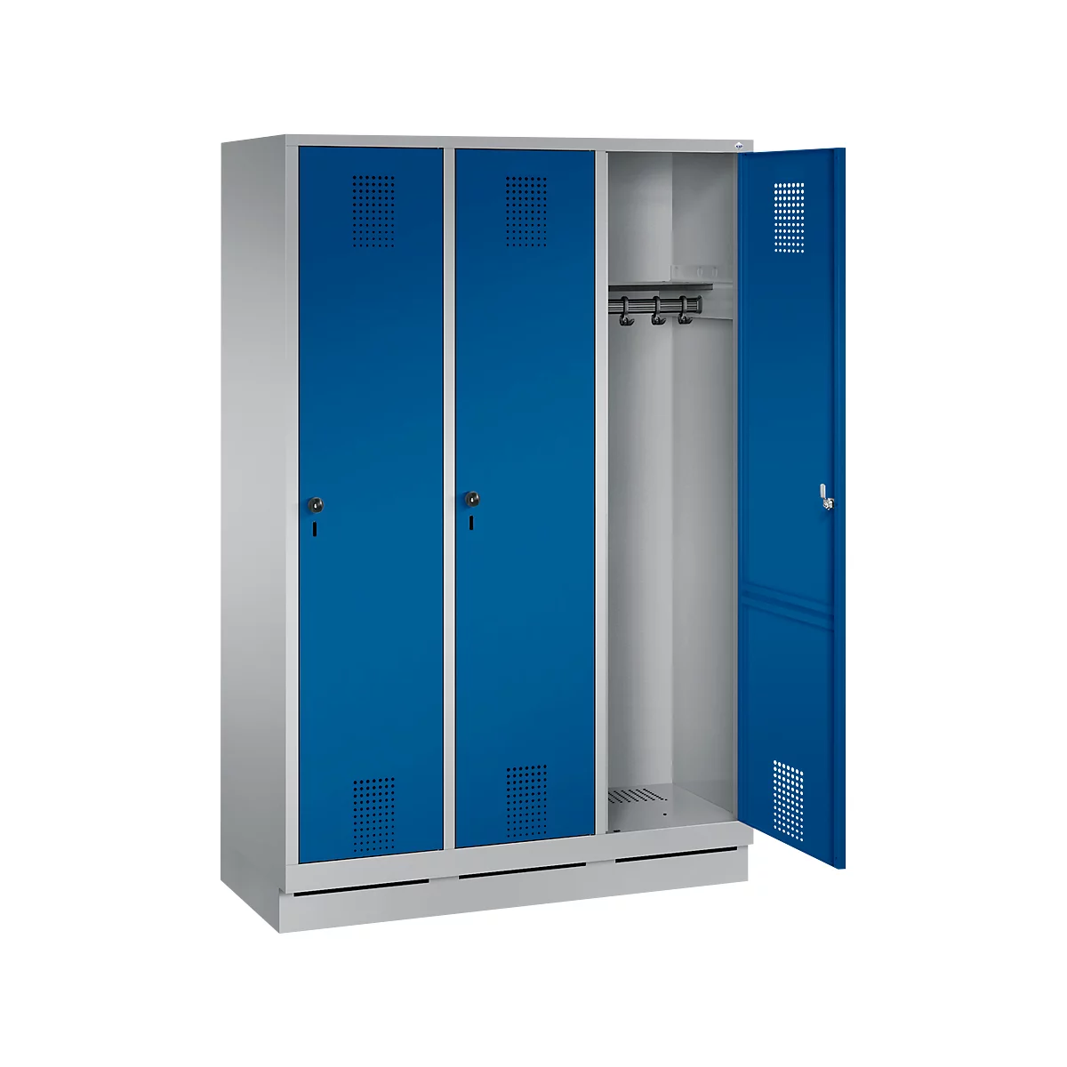 Steel cabinet with blue doors, one door is open, hook strip inside.