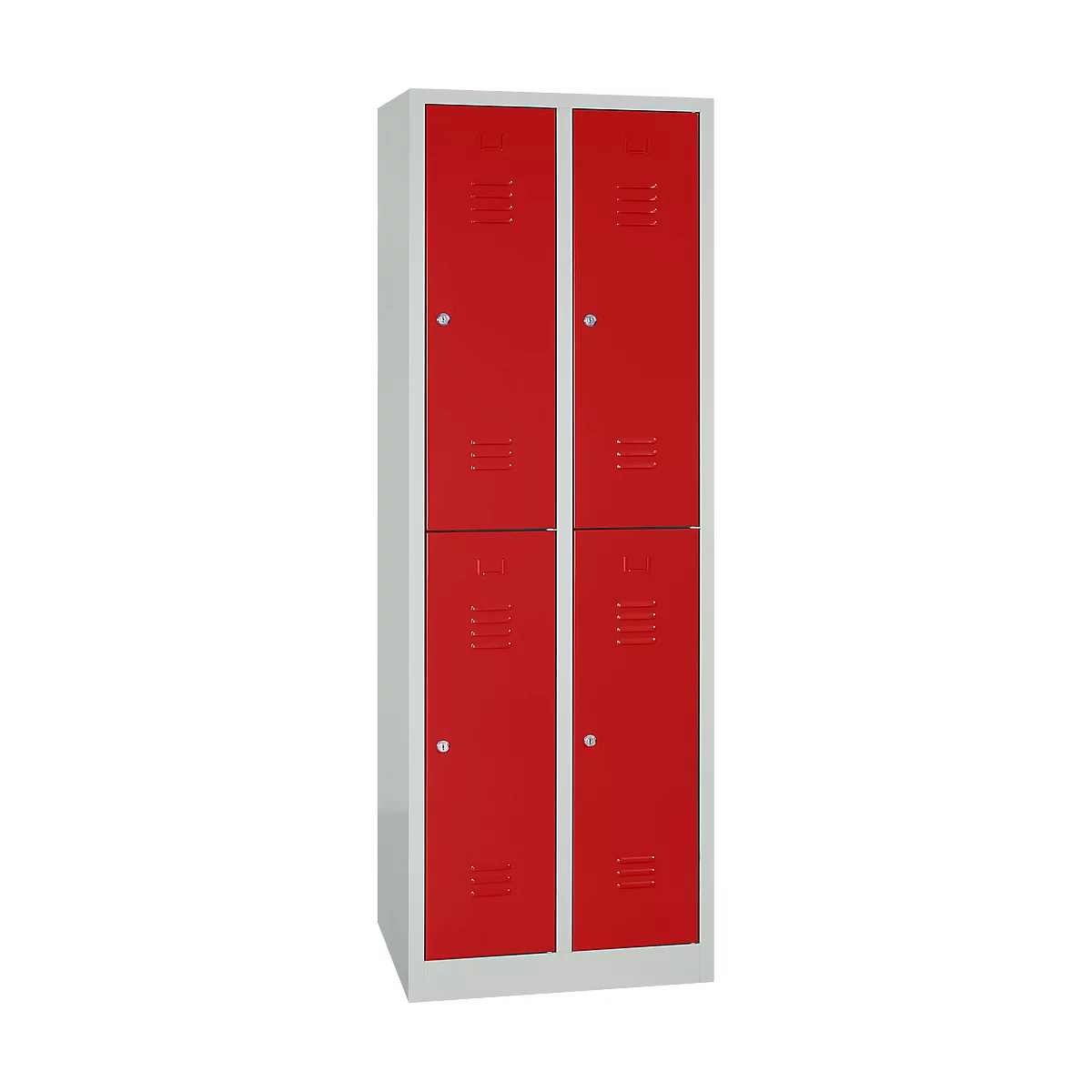 A red locker with four doors that can be opened with silver handles.