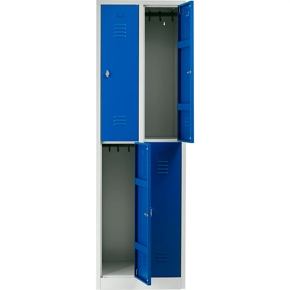 Blue locker, two doors open, with coat hooks. One door is closed.