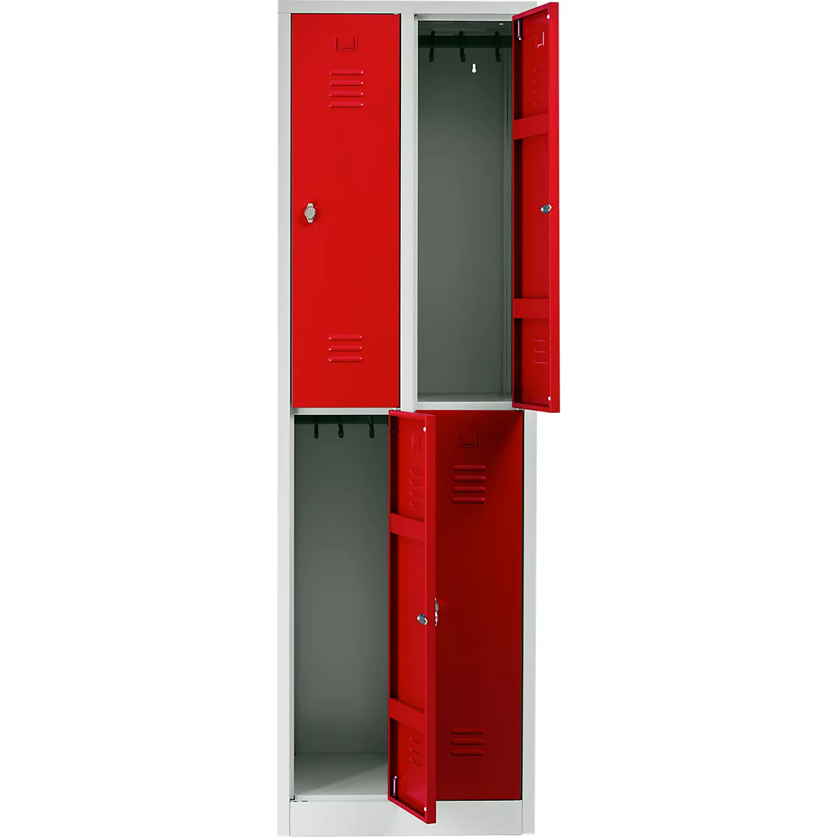A red locker with open and closed doors. The interiors are grey.