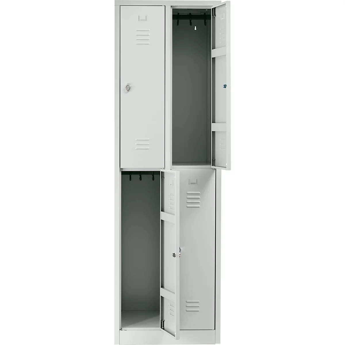 A two-tiered gray steel locker, doors partially open, with hooks inside.