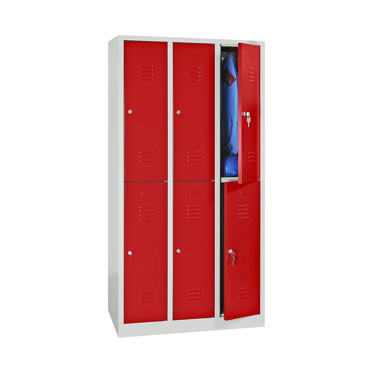 Red locker, one door open, showing blue jacket, helmet, keys inside.