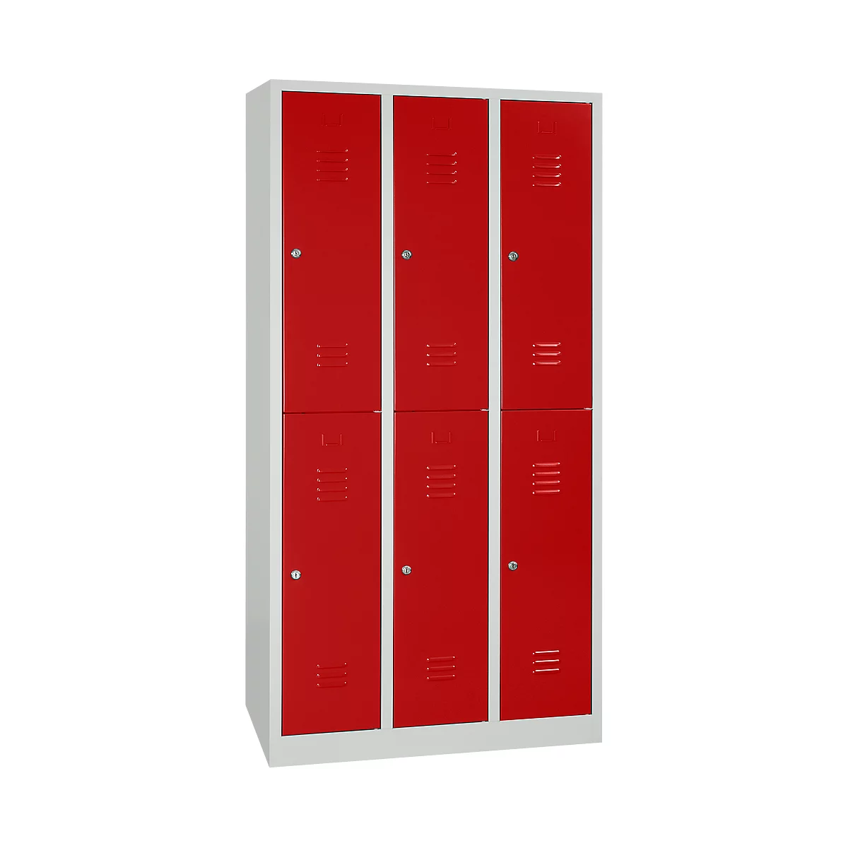 A cabinet with six red doors. The doors have ventilation slots and silver handles. The frame is white.