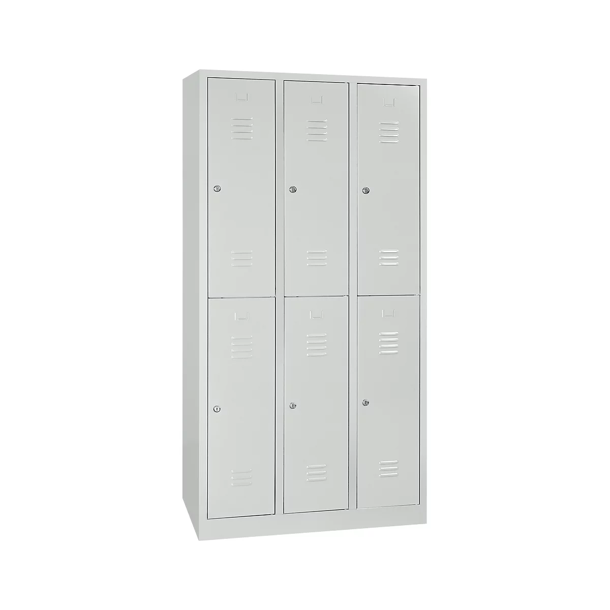 Grey locker with six doors, two on top of each other, with slits and small locks.
