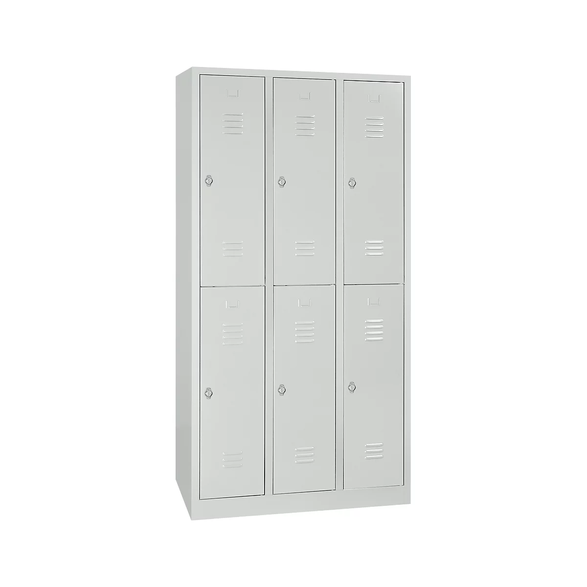 Gray locker with six doors, each with ventilation slots and a small handle.