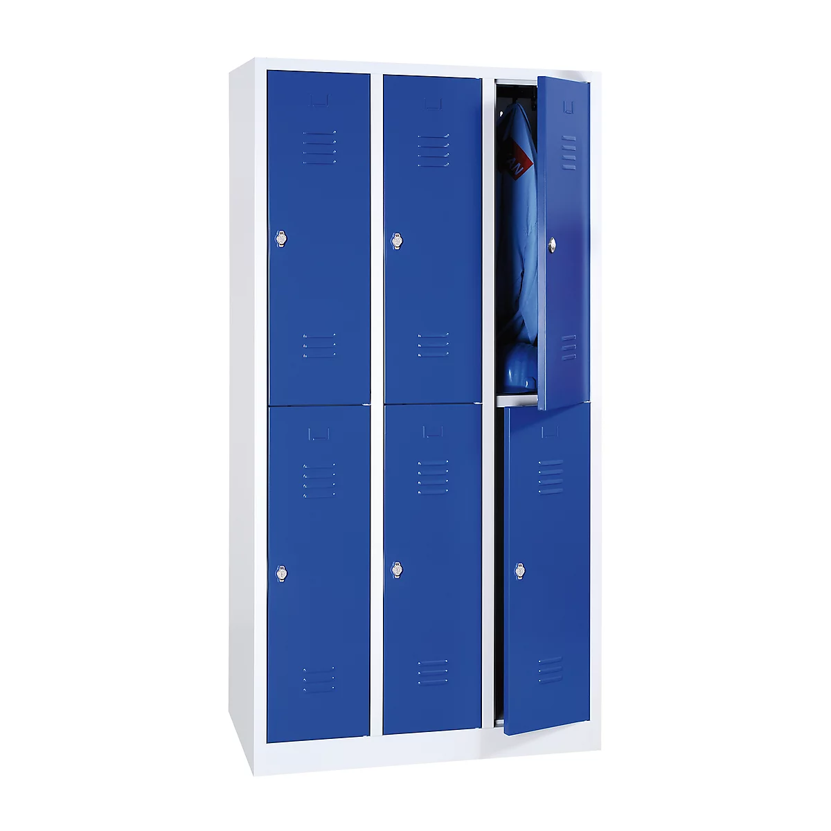 Blue locker with six doors, one door is open.