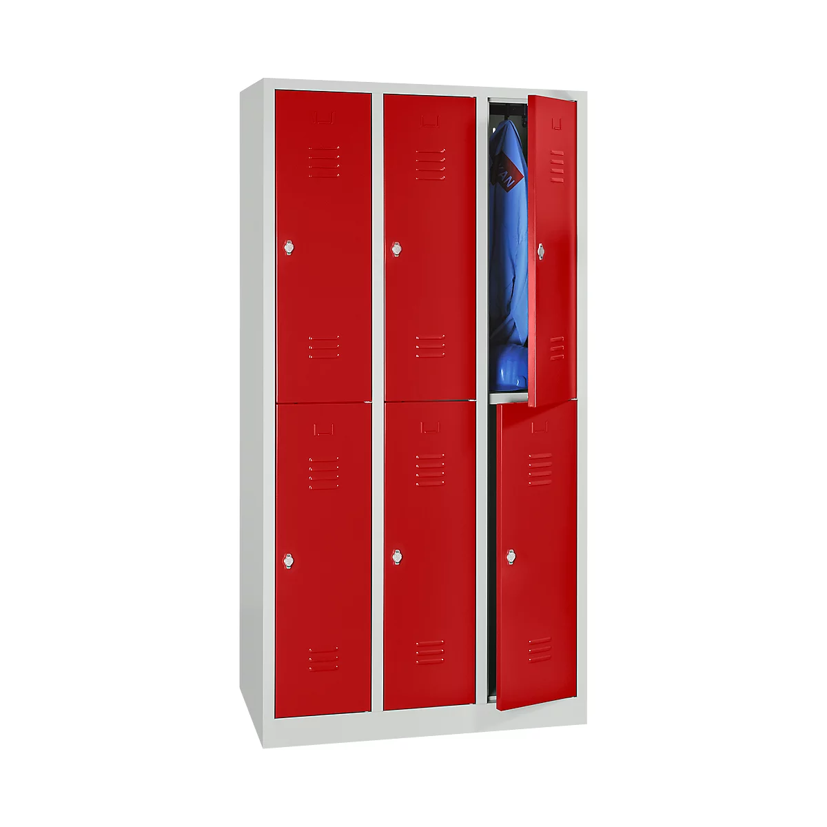 A red locker with six doors, one open. Inside hangs a blue jacket.