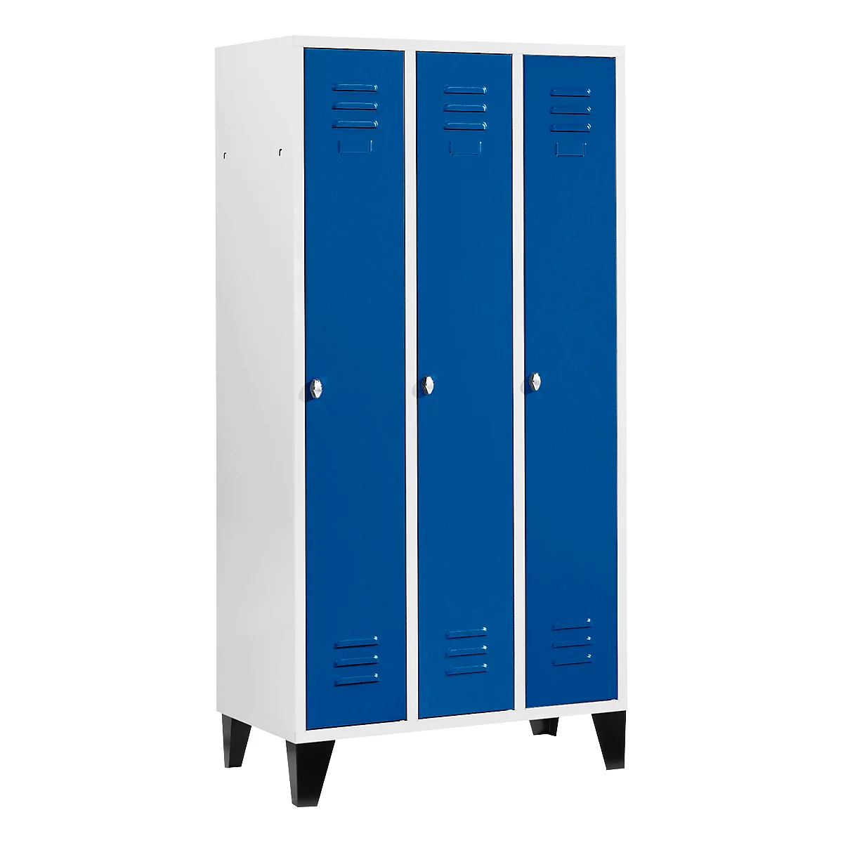 Cabinet with three blue doors, white frame and black legs. Each door has a handle and ventilation slots.