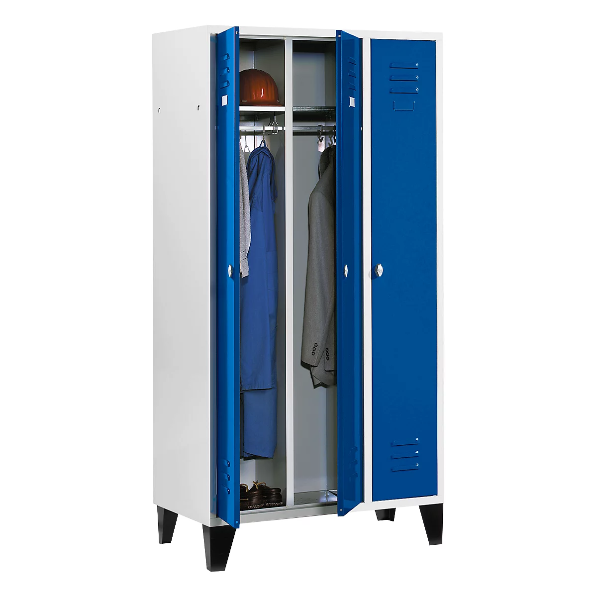 A white and blue locker with open doors, filled with clothes, shoes, and a helmet.