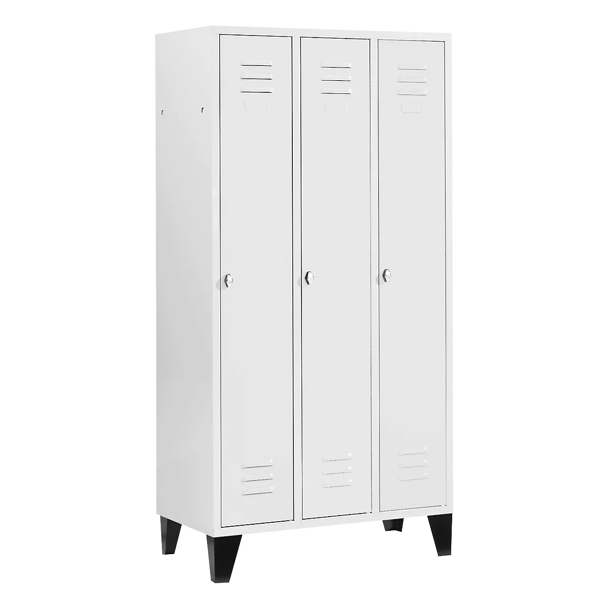 White three-door locker with silver handles and ventilation slots, standing on black legs.