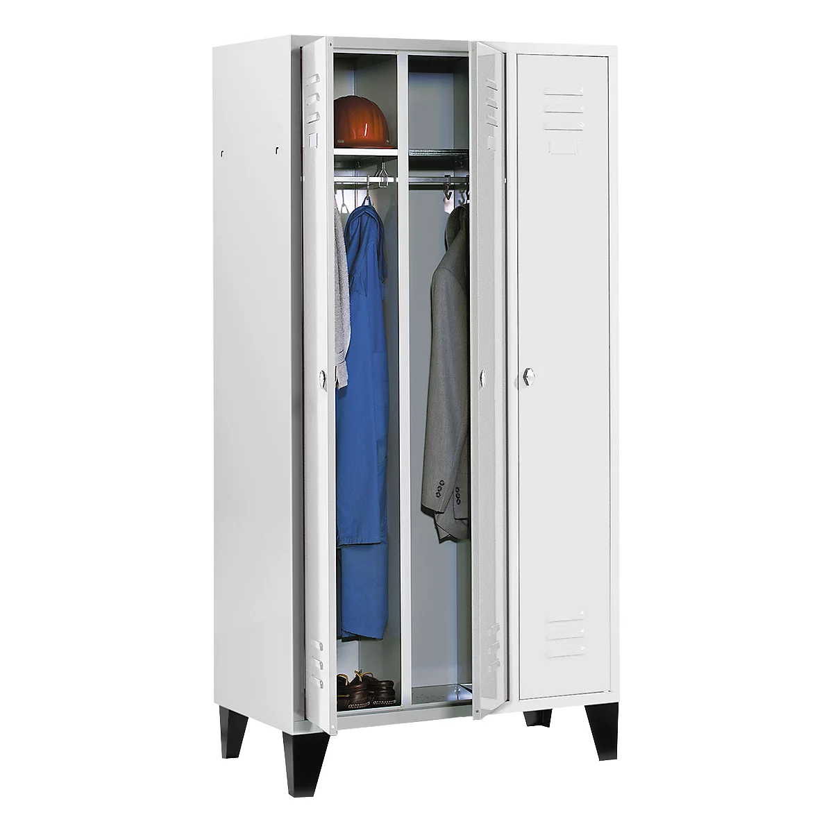 White metal locker with partially open doors, showing clothing, shoes and a helmet.