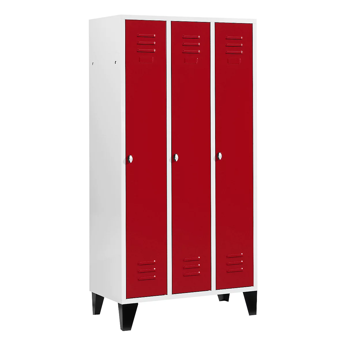 Cabinet with three red doors and white frames. Black feet.