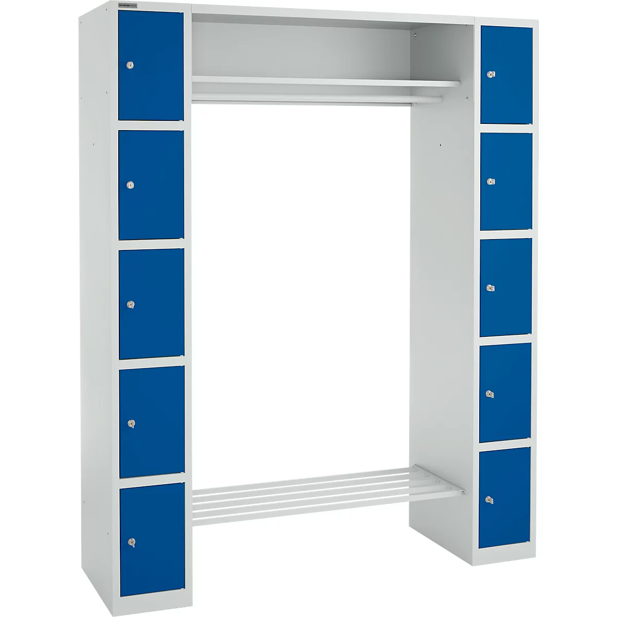 Lockerkast - B 1565 x D 500 x H 1950 mm - 2 x 5 vakken - met hoedenplank en kledingstang - schoenrek - lichtgrijs en gentiaanblauw - ons merk Schäfer Shop Select