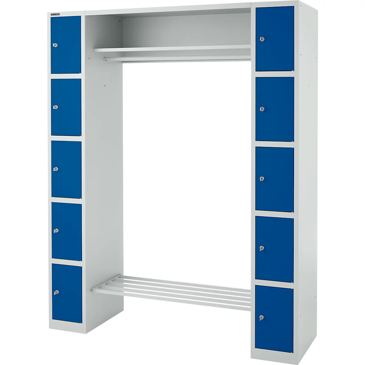 Lockerkast - B 1565 x D 500 x H 1950 mm - 2 x 5 vakken - met hoedenplank en kledingstang - schoenrek - lichtgrijs en gentiaanblauw - ons merk Schäfer Shop Select